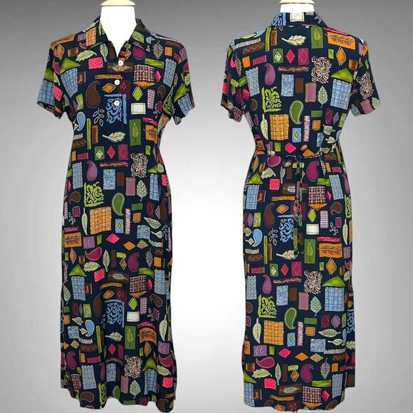 Talbots Dresses & Skirts - Vintage Talbots Womens Dress 10 Navy Blue Colorful Leaf Folk Art‎ Midi Country